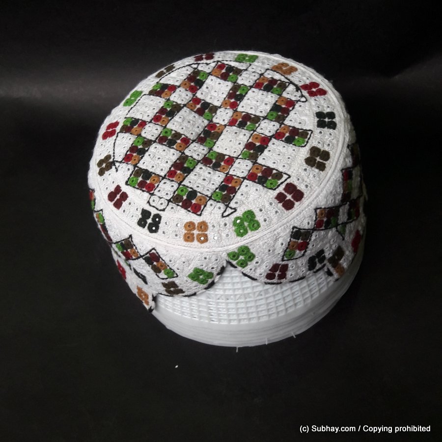 White Multi Color Saeedabad Yaqoobi Zardari Cap or Topi MKC-657